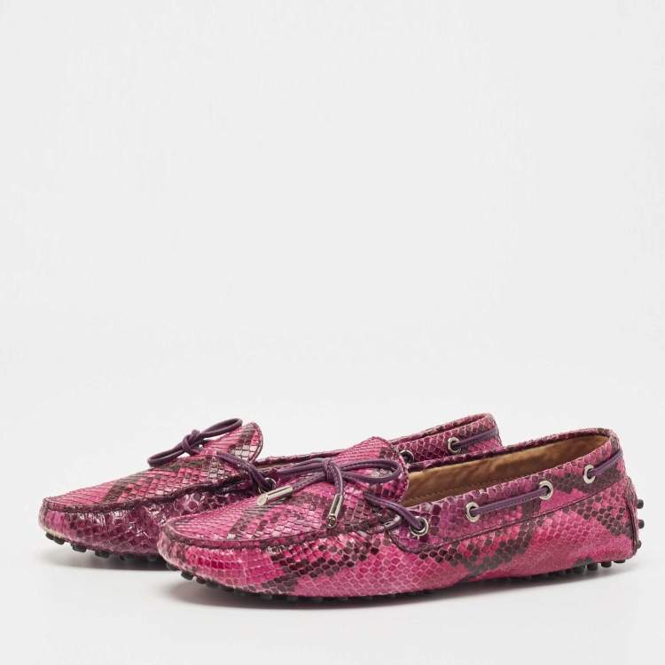 Pre Owned Tod's Pink Python Leather Bow Slip On Loafers Size 39