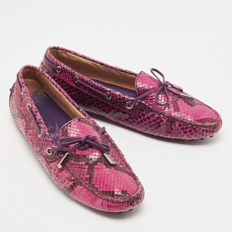 Pre Owned Tod's Pink Python Leather Bow Slip On Loafers Size 39