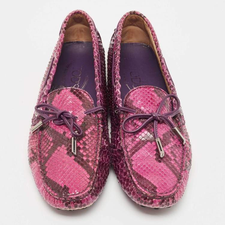 Pre Owned Tod's Pink Python Leather Bow Slip On Loafers Size 39