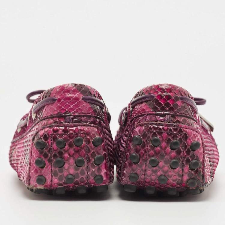 Pre Owned Tod's Pink Python Leather Bow Slip On Loafers Size 39