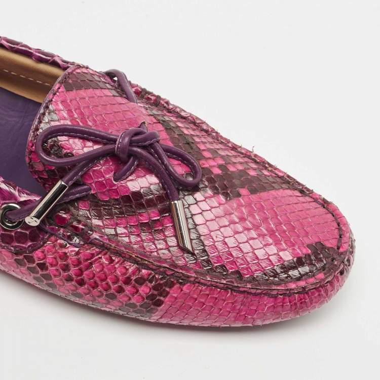Pre Owned Tod's Pink Python Leather Bow Slip On Loafers Size 39