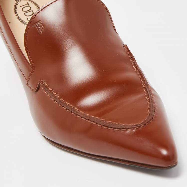 Pre Owned Tod’s Brown Leather Pointed Toe Penny Loafer Pumps Size 36.5