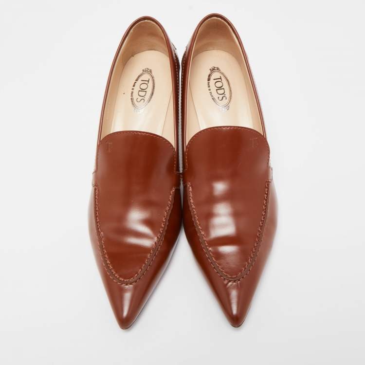 Pre Owned Tod’s Brown Leather Pointed Toe Penny Loafer Pumps Size 36.5