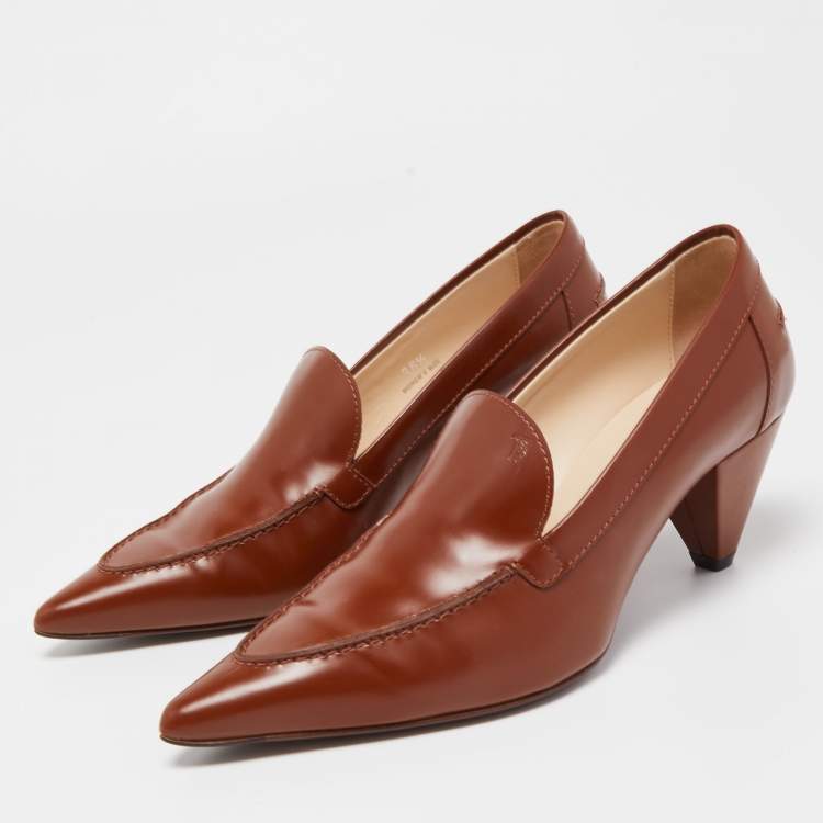 Pre Owned Tod’s Brown Leather Pointed Toe Penny Loafer Pumps Size 36.5