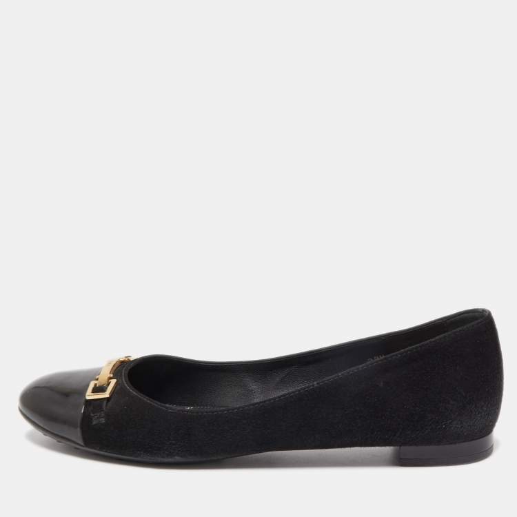 Pre Owned Tod's Black Suede and Patent Leather Buckle Ballet Flats Size 37.5