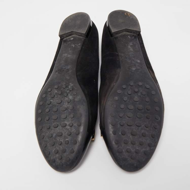 Pre Owned Tod's Black Suede and Patent Leather Buckle Ballet Flats Size 37.5