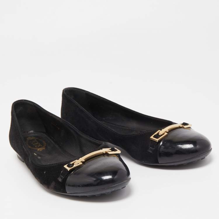 Pre Owned Tod's Black Suede and Patent Leather Buckle Ballet Flats Size 37.5