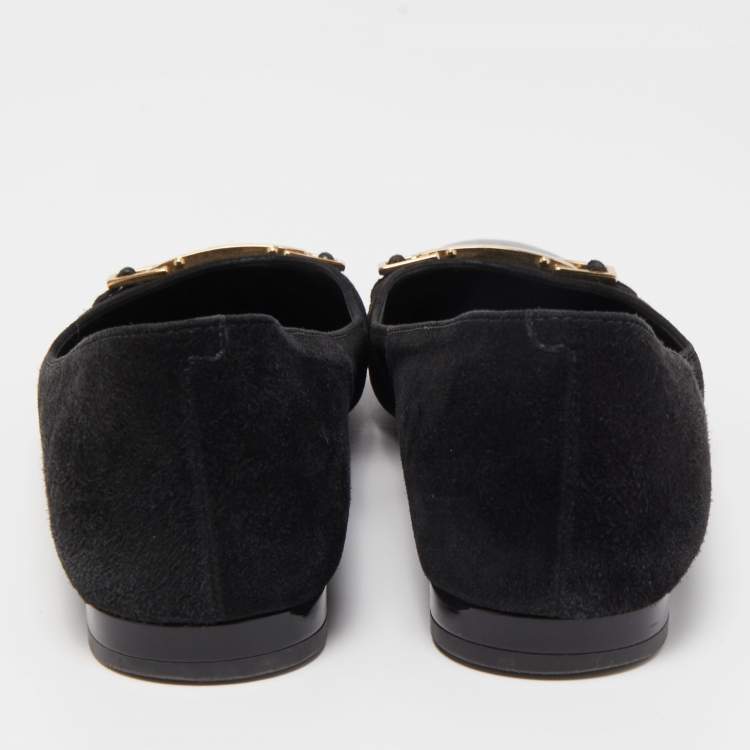 Pre Owned Tod's Black Suede and Patent Leather Buckle Ballet Flats Size 37.5