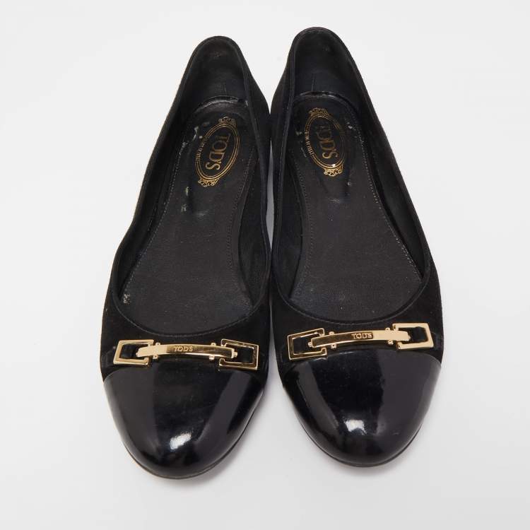 Pre Owned Tod's Black Suede and Patent Leather Buckle Ballet Flats Size 37.5