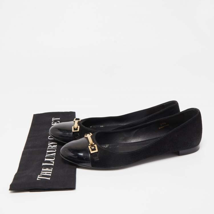 Pre Owned Tod's Black Suede and Patent Leather Buckle Ballet Flats Size 37.5