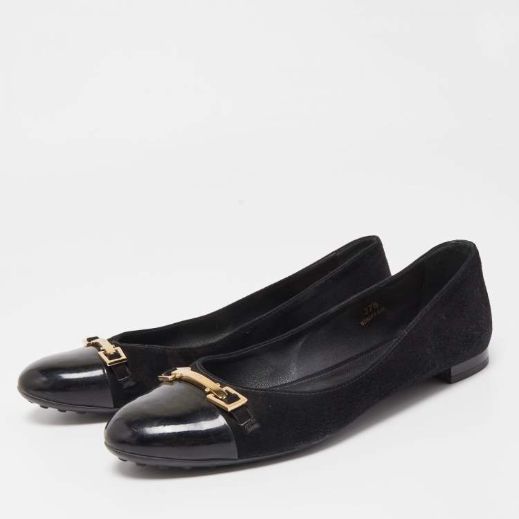 Pre Owned Tod's Black Suede and Patent Leather Buckle Ballet Flats Size 37.5
