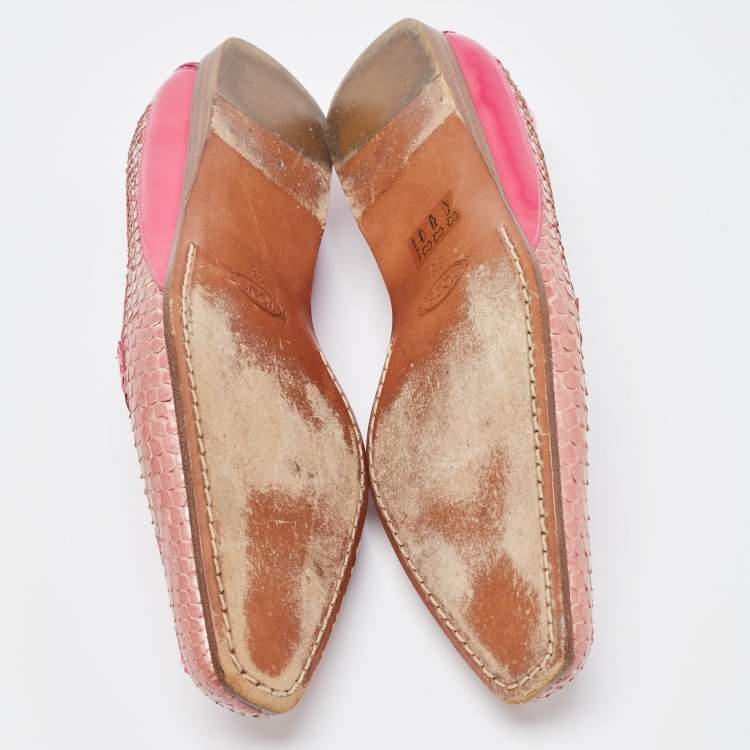 Pre Owned Tod's Two Tone Patent and Snakeskin Penny Loafers Size 38