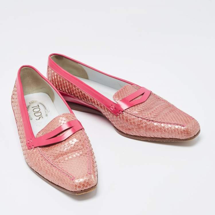 Pre Owned Tod's Two Tone Patent and Snakeskin Penny Loafers Size 38