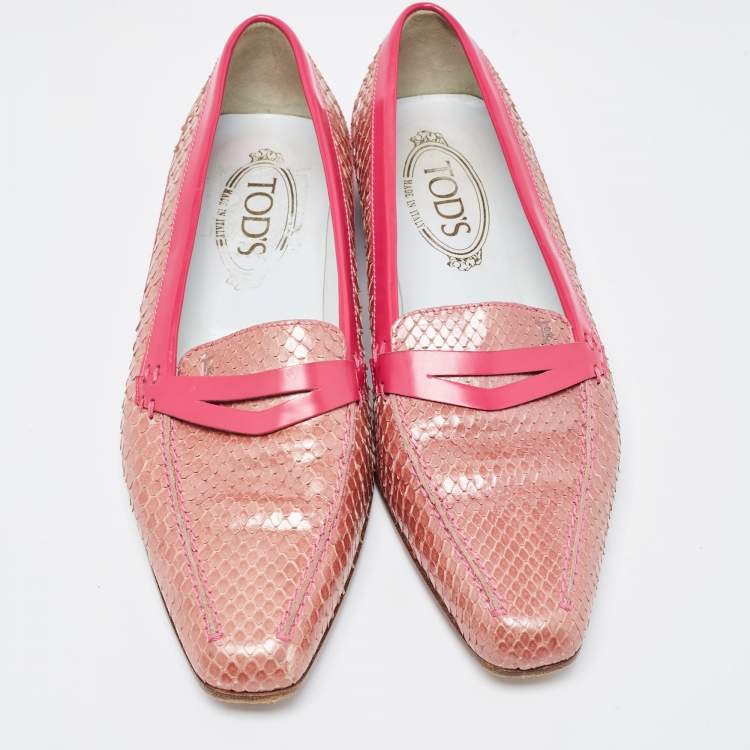 Pre Owned Tod's Two Tone Patent and Snakeskin Penny Loafers Size 38