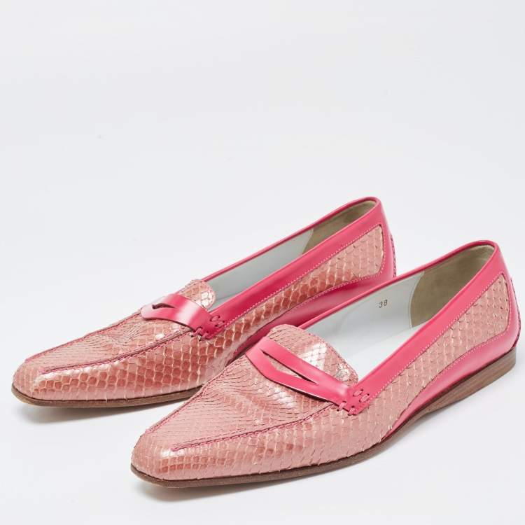 Pre Owned Tod's Two Tone Patent and Snakeskin Penny Loafers Size 38