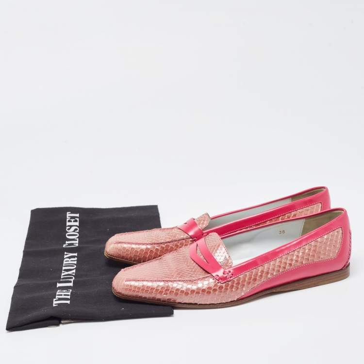 Pre Owned Tod's Two Tone Patent and Snakeskin Penny Loafers Size 38