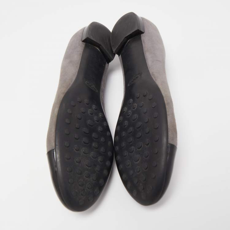 Pre Owned Tod's Grey/Black Suede And Patent Leather Cap Toe Buckle Ballet Flats Size 39.5