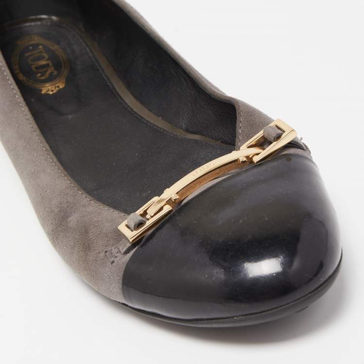 Pre Owned Tod's Grey/Black Suede And Patent Leather Cap Toe Buckle Ballet Flats Size 39.5