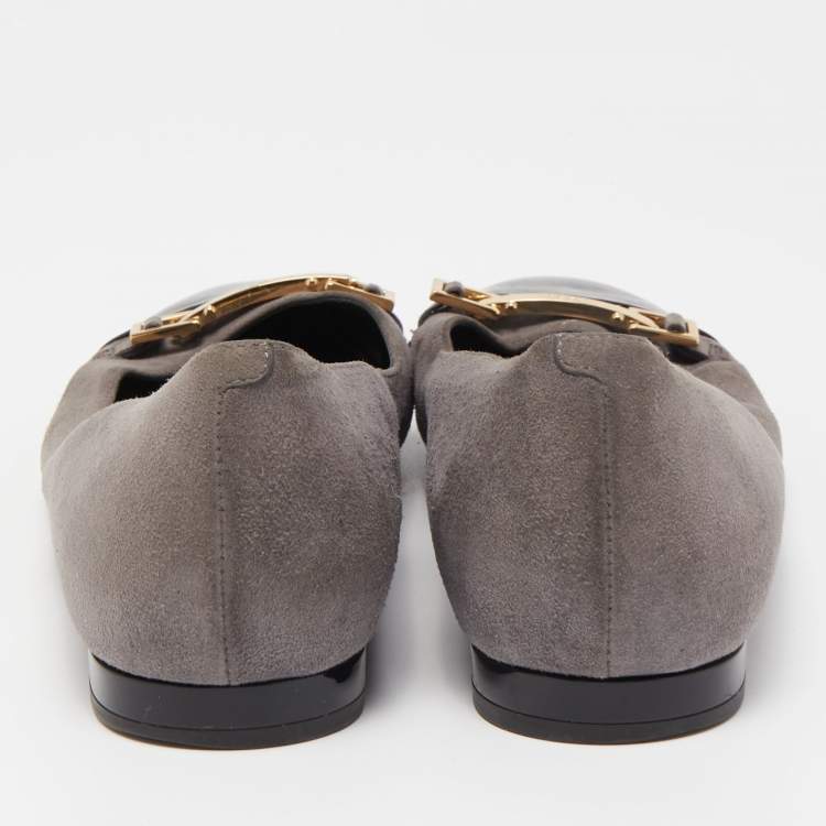 Pre Owned Tod's Grey/Black Suede And Patent Leather Cap Toe Buckle Ballet Flats Size 39.5