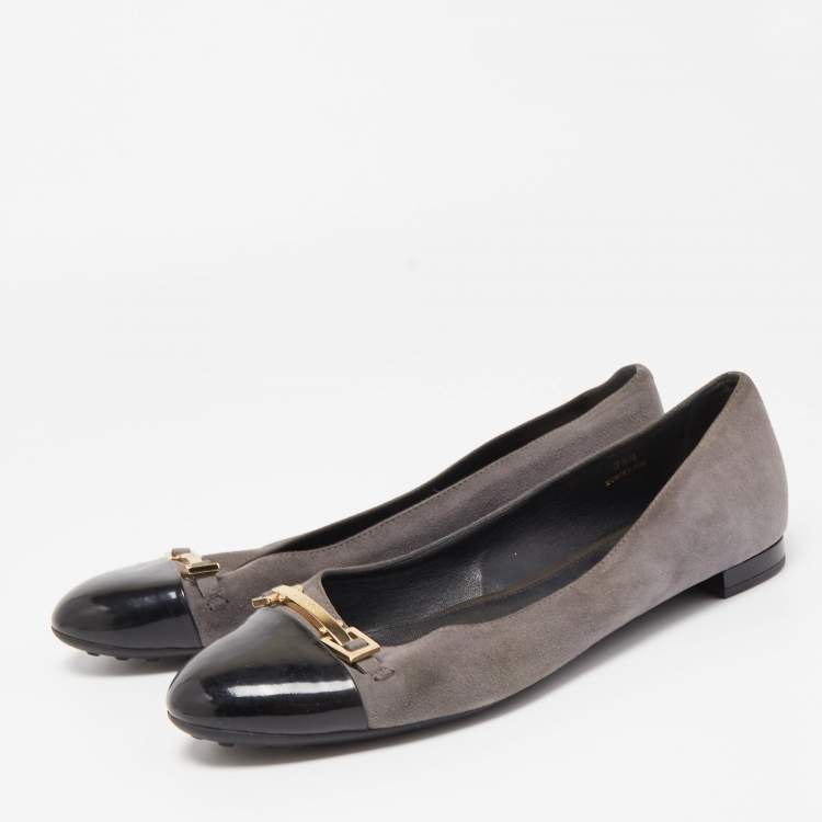 Pre Owned Tod's Grey/Black Suede And Patent Leather Cap Toe Buckle Ballet Flats Size 39.5