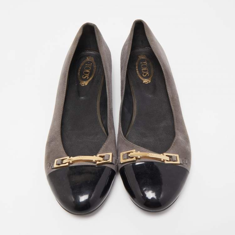 Pre Owned Tod's Grey/Black Suede And Patent Leather Cap Toe Buckle Ballet Flats Size 39.5