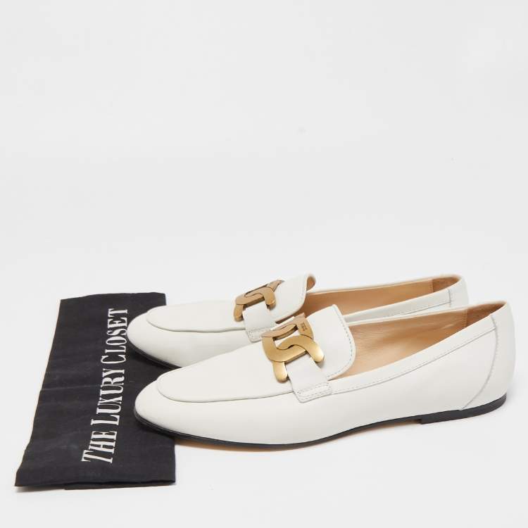 Pre Owned Tod's Off White Leather Kate Chain Slip On Loafers Size 39.5