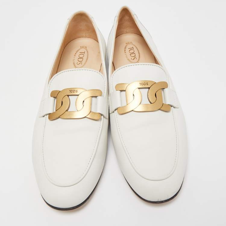 Pre Owned Tod's Off White Leather Kate Chain Slip On Loafers Size 39.5