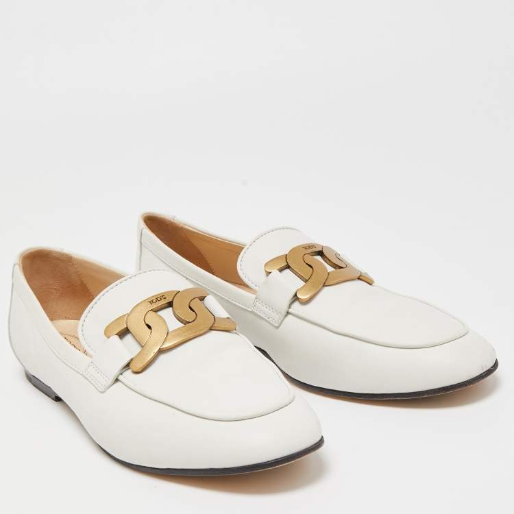 Pre Owned Tod's Off White Leather Kate Chain Slip On Loafers Size 39.5