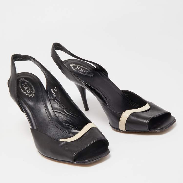 Pre Owned Tod's Black/Cream Leather D'Orsay Open Toe Slingback Sandals Size 38