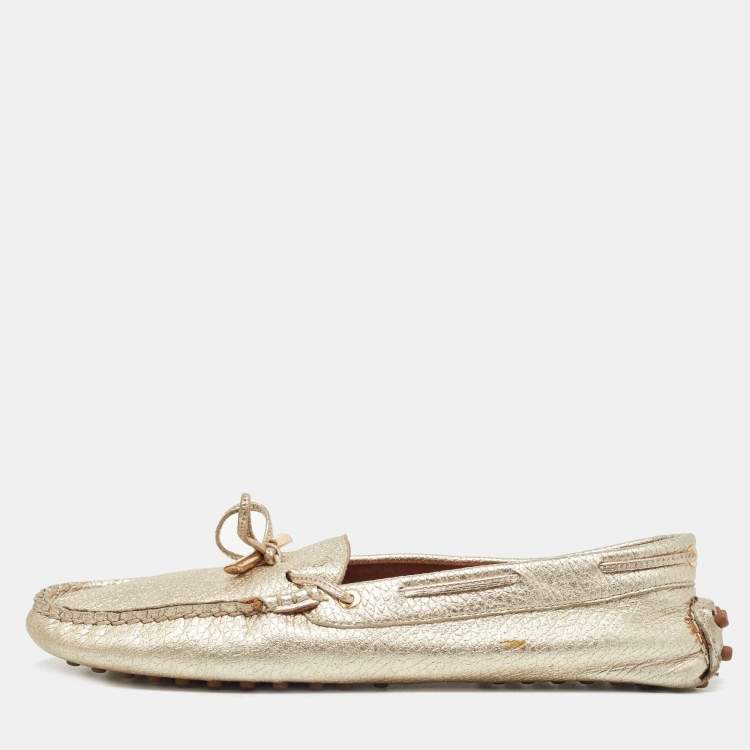 Pre Owned Tod's Gold Leather Bow Loafers Size 39