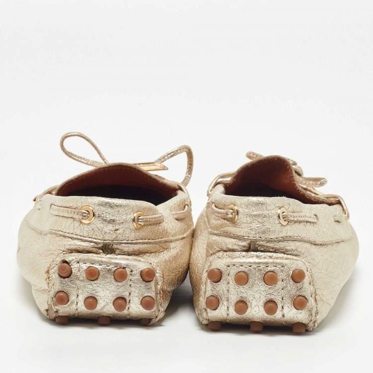 Pre Owned Tod's Gold Leather Bow Loafers Size 39