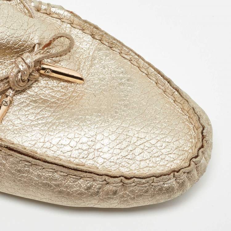Pre Owned Tod's Gold Leather Bow Loafers Size 39
