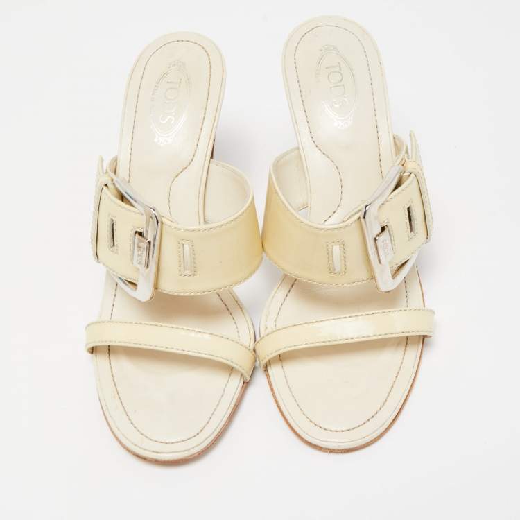 Pre Owned Tod's Cream Patent Leather Peggy Buckle Slide Sandals Size 37