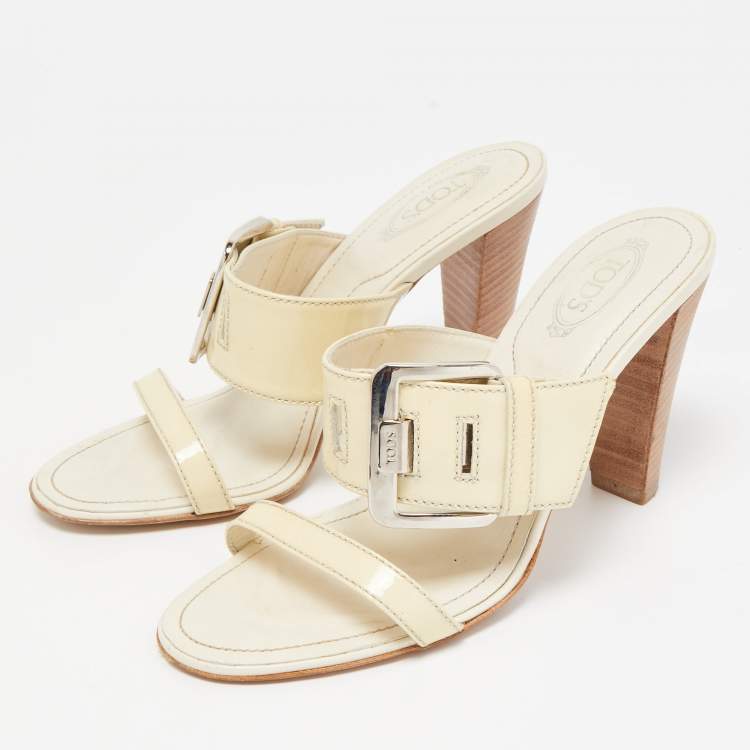 Pre Owned Tod's Cream Patent Leather Peggy Buckle Slide Sandals Size 37