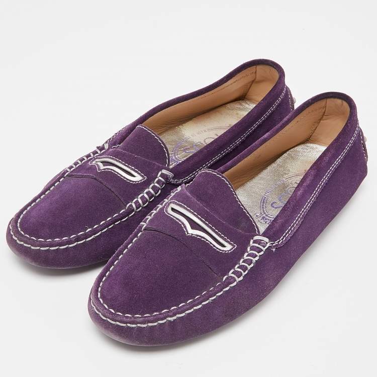 Pre Owned Tod's Purple Suede Gommino Penny Slip On Loafers Size 36
