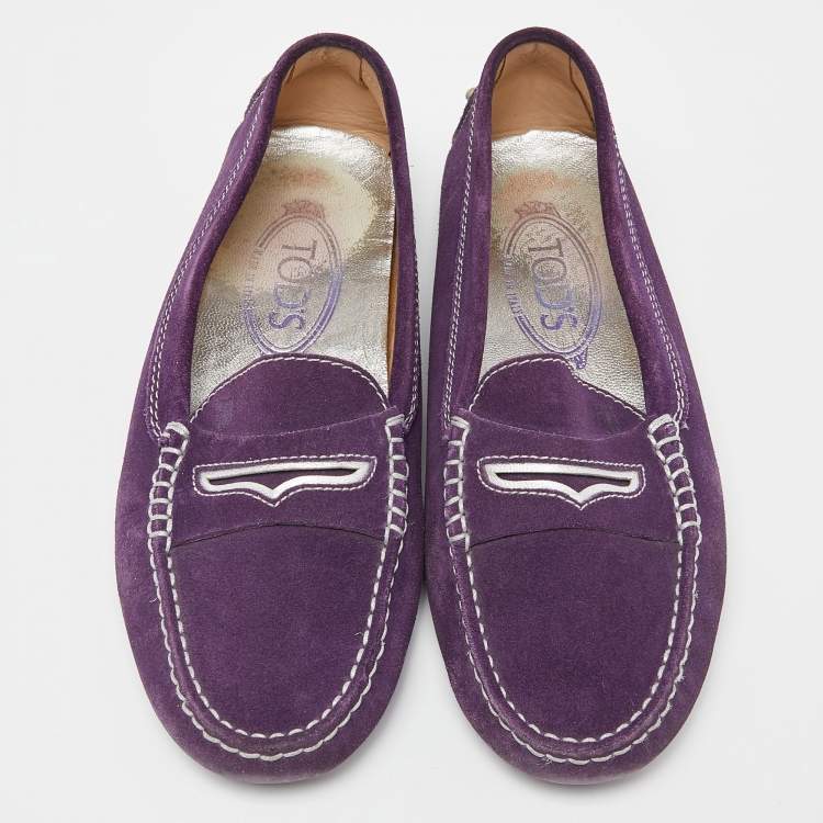 Pre Owned Tod's Purple Suede Gommino Penny Slip On Loafers Size 36