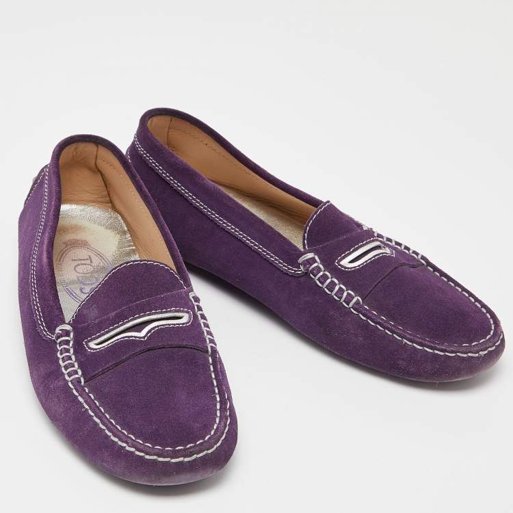 Pre Owned Tod's Purple Suede Gommino Penny Slip On Loafers Size 36