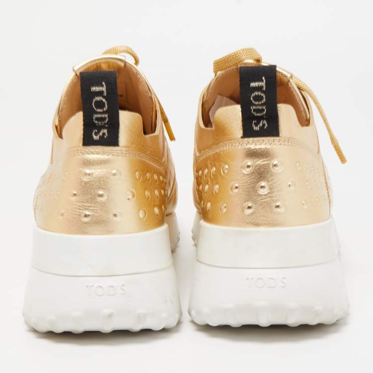 Pre Owned Tod's Metallic Gold Perforated Leather Low Top Sneakers Size 40