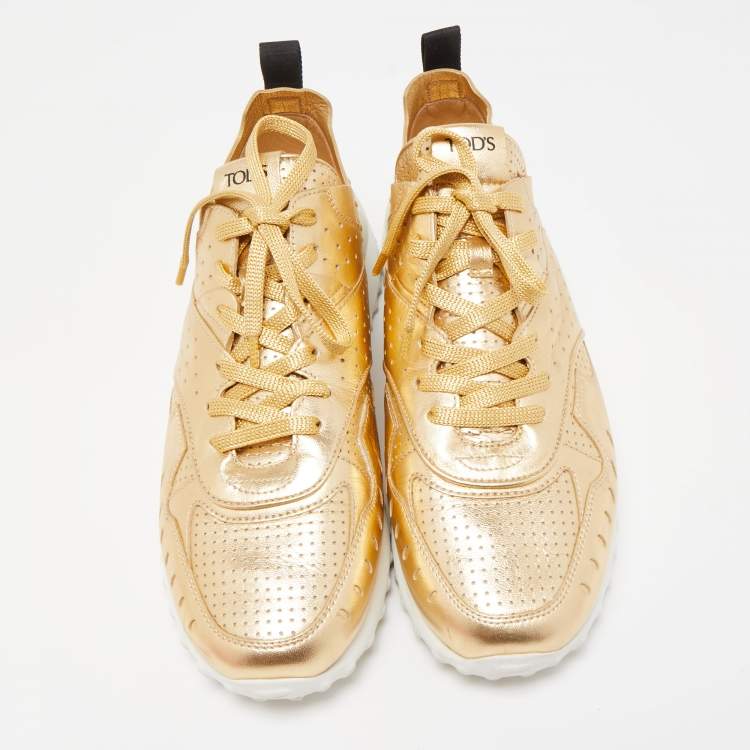 Pre Owned Tod's Metallic Gold Perforated Leather Low Top Sneakers Size 40