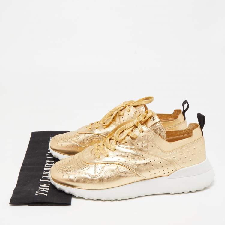 Pre Owned Tod's Metallic Gold Perforated Leather Low Top Sneakers Size 40