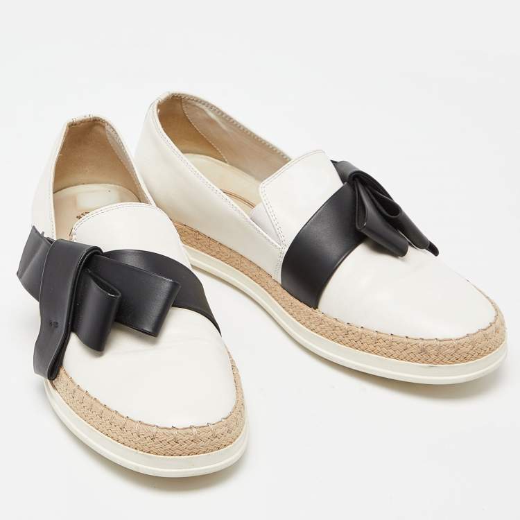 Pre Owned Tod's Off White/Black Leather Francesina Slip On Espadrille Sneakers Size 38