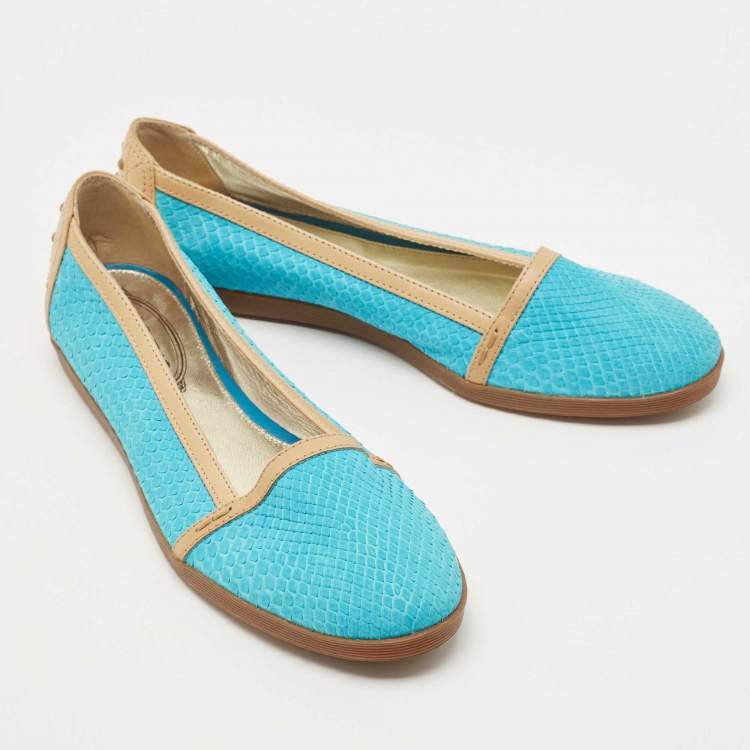 Pre Owned Tod's Blue/Brown Snakeskin And Leather Ballet Flats Size 37.5