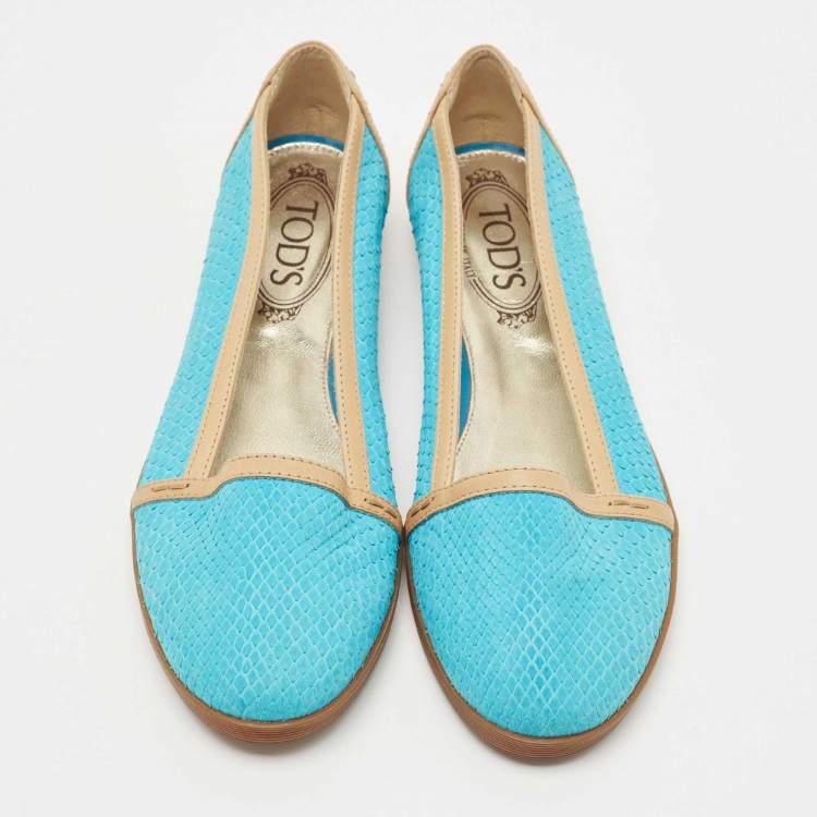 Pre Owned Tod's Blue/Brown Snakeskin And Leather Ballet Flats Size 37.5