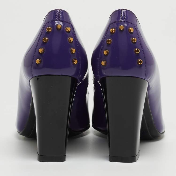 Pre Owned Tod's Purple Patent Leather Studded Block Heel Pumps Size 36.5