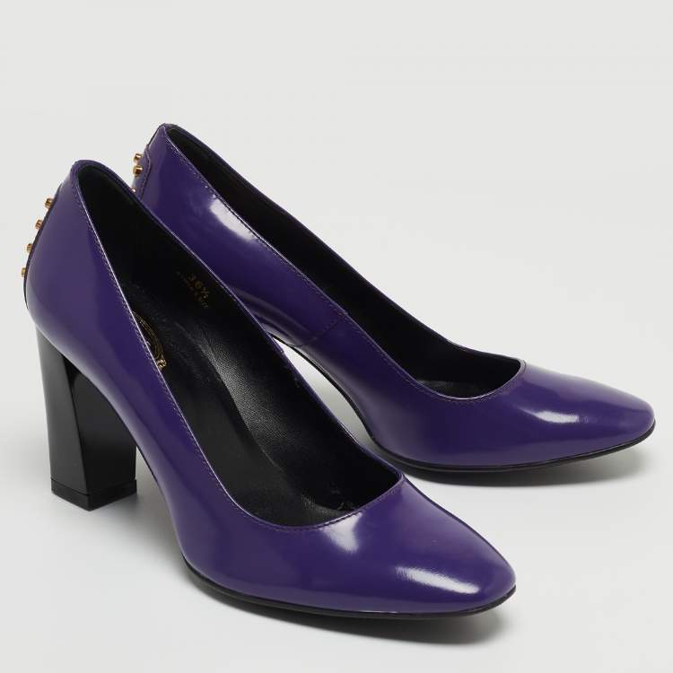 Pre Owned Tod's Purple Patent Leather Studded Block Heel Pumps Size 36.5