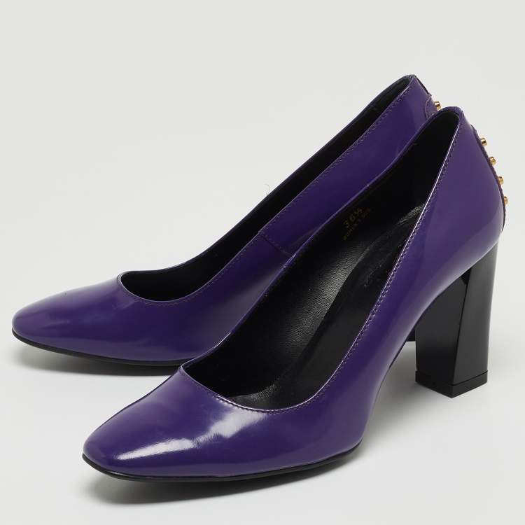 Pre Owned Tod's Purple Patent Leather Studded Block Heel Pumps Size 36.5