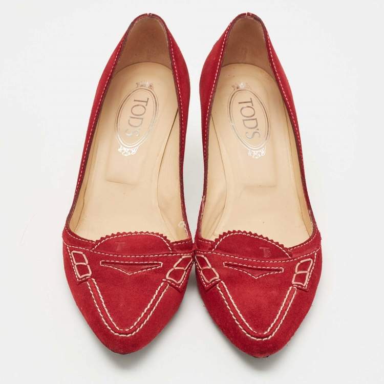 Pre Owned Tod's Dark Red Suede Loafer Pumps Size 39