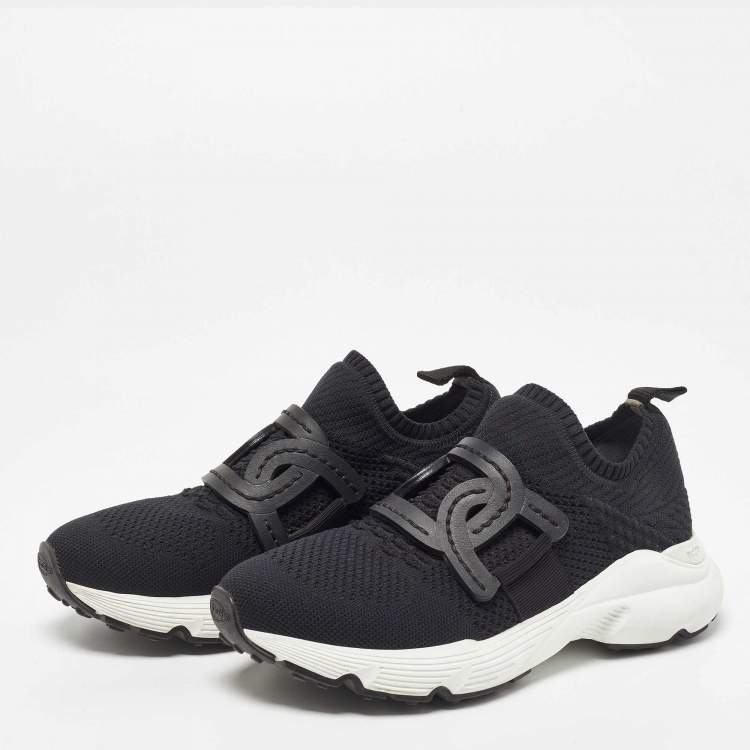 Pre Owned Tod's Black Knit Fabric Chain Detail Slip On Sneakers Size 35
