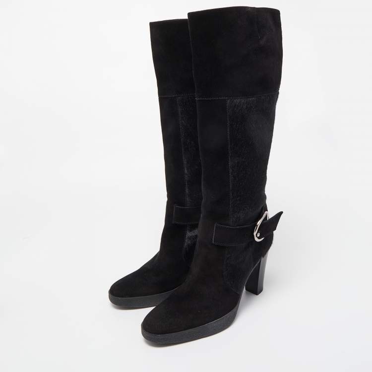 Pre Owned Tod's Black Suede and Calf Hair Knee High Boots Size 40