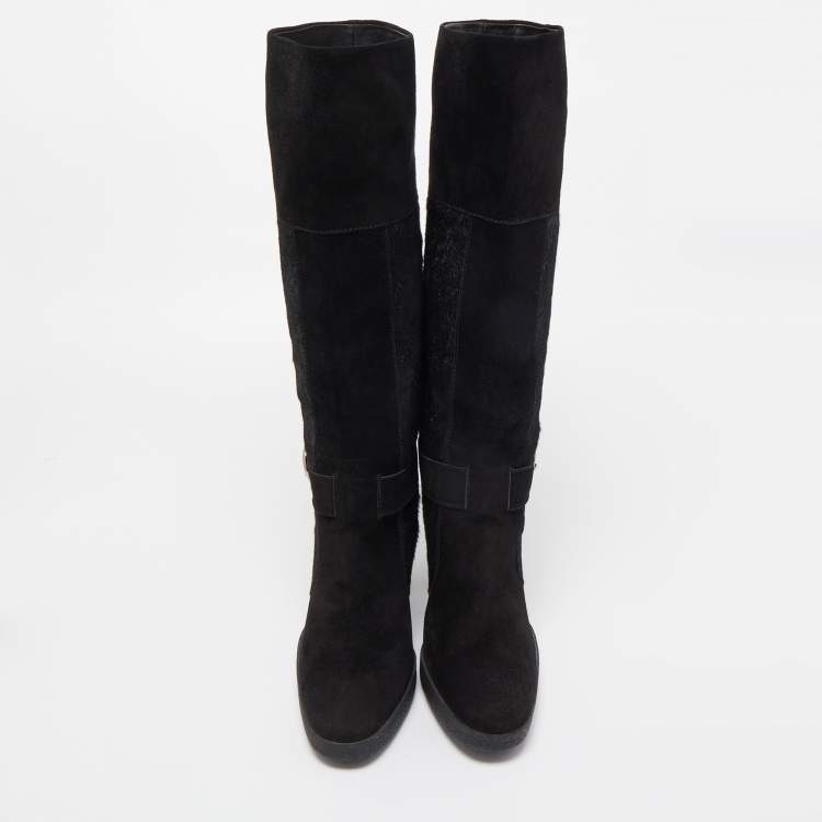 Pre Owned Tod's Black Suede and Calf Hair Knee High Boots Size 40